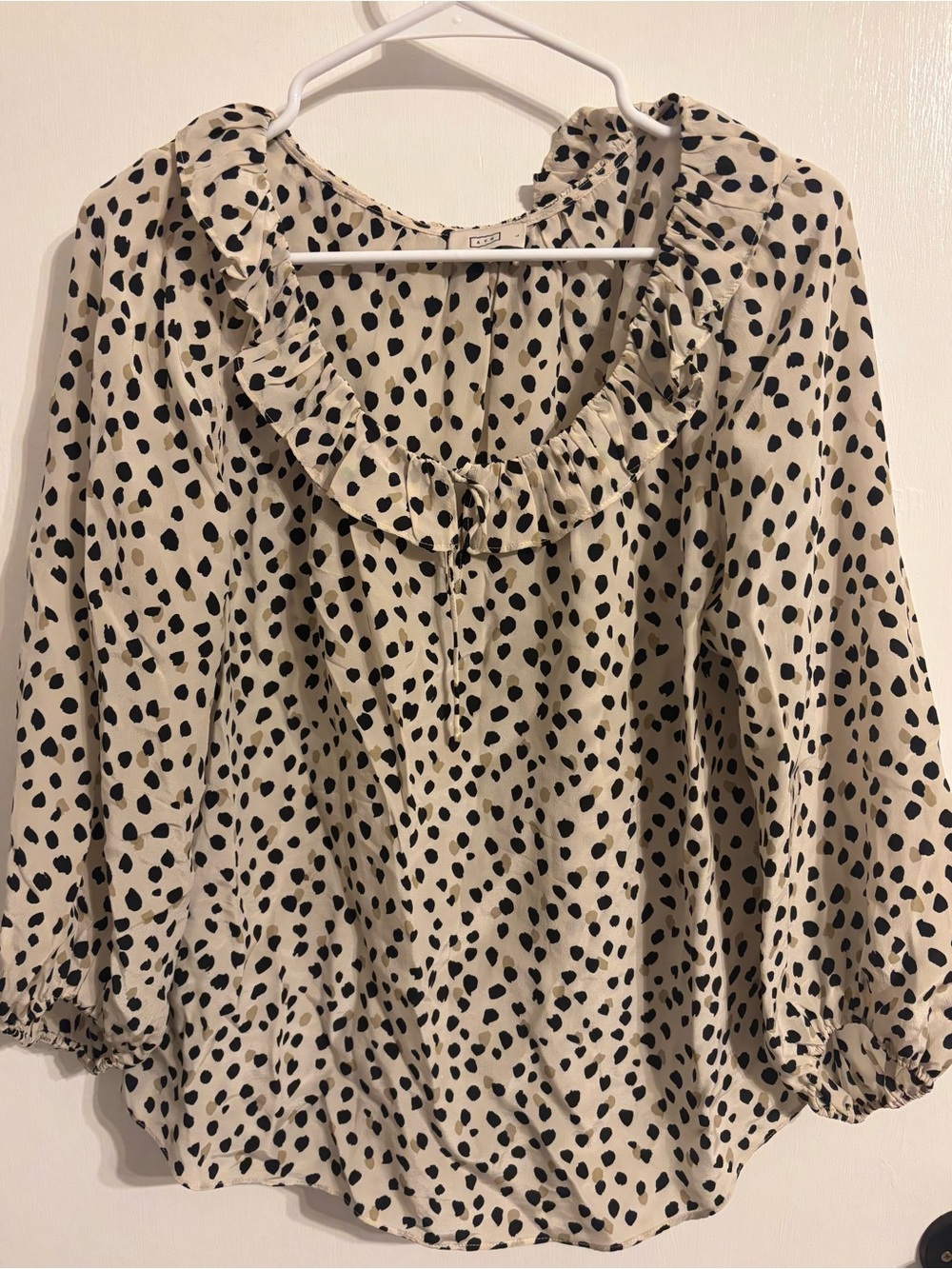 AYR Cream Blouse with Black Spot Print and Ruffle Neckline